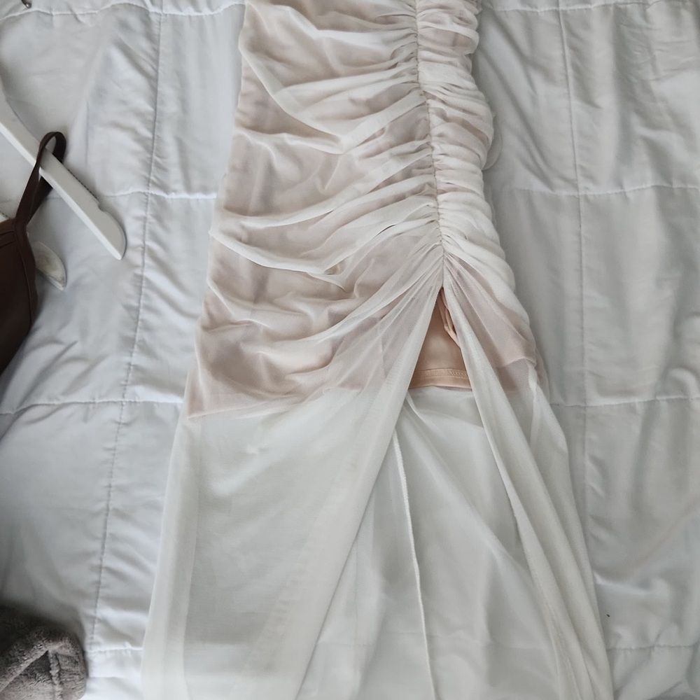 Fashion Nova Ruched Mesh Dress in Cream and White